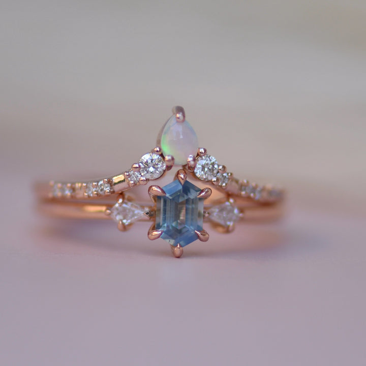 Cluster Hexagon Light Blue Sapphire Ring And Opal Diamond Band 14K Gold