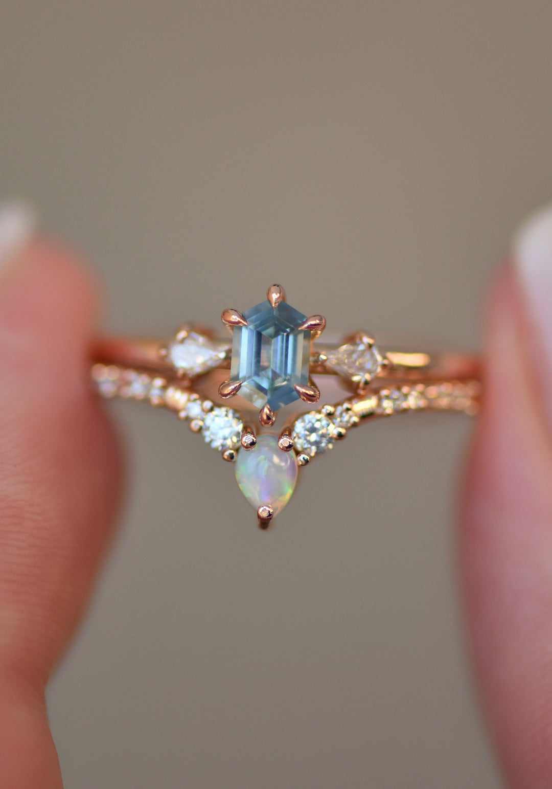 Cluster Hexagon Light Blue Sapphire Ring And Opal Diamond Band 14K Gold