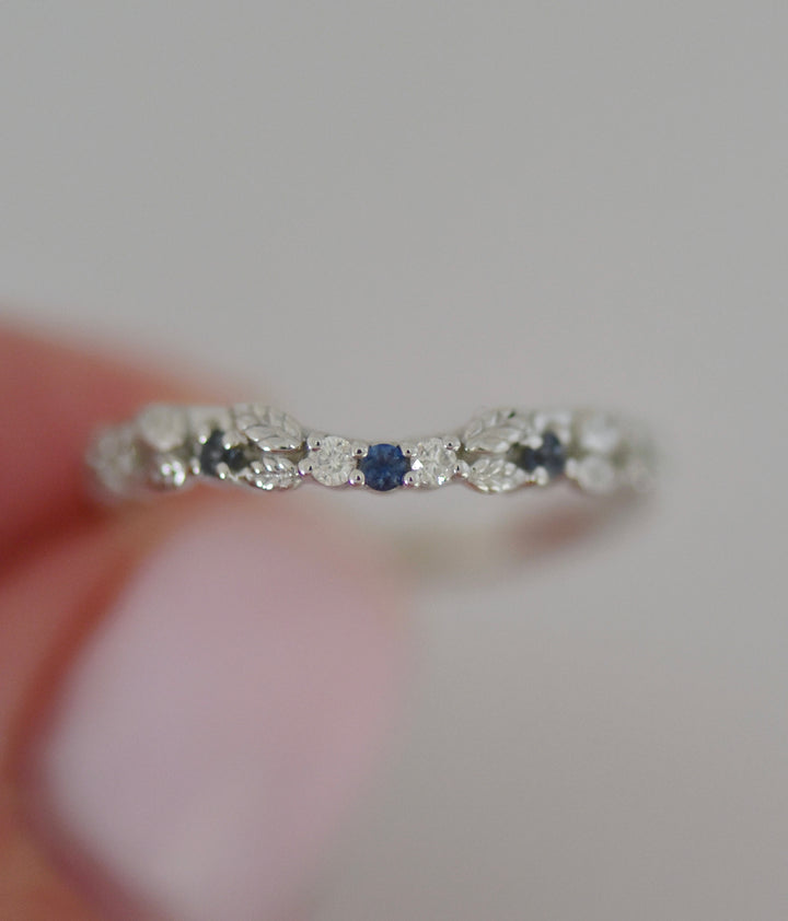 Nature Inspired Leaf Wedding Band w/ Diamonds and Montana Sapphires