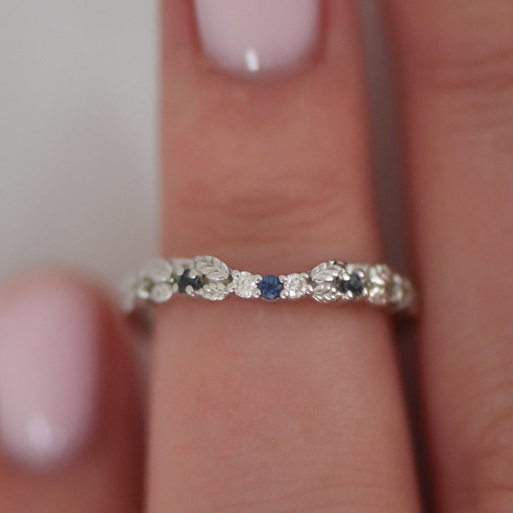 Nature Inspired Leaf Wedding Band w/ Diamonds and Montana Sapphires