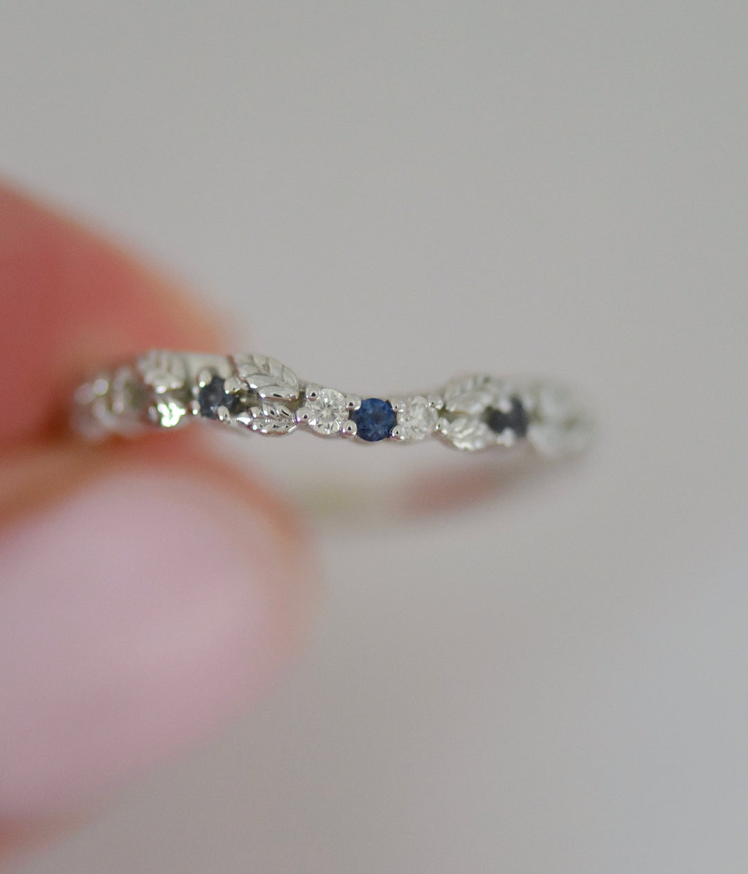 Nature Inspired Leaf Wedding Band w/ Diamonds and Montana Sapphires