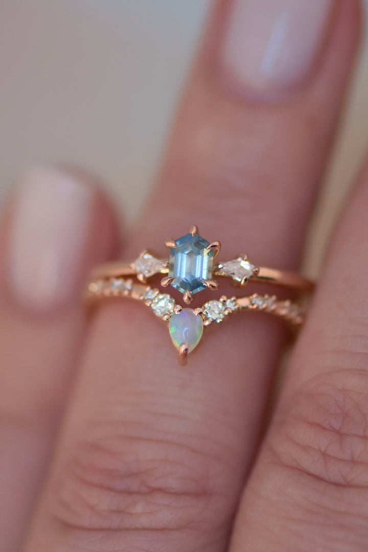 Cluster Hexagon Light Blue Sapphire Ring And Opal Diamond Band 14K Gold