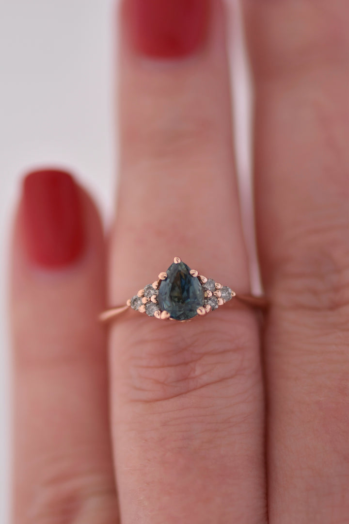 Teal Pear Sapphire Engagement Ring w/ Salt and Pepper Diamonds 14K Gold