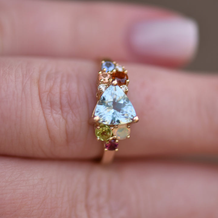 Multi Stone Cluster Trillion Aquamarine Engagement Ring 14K Gold