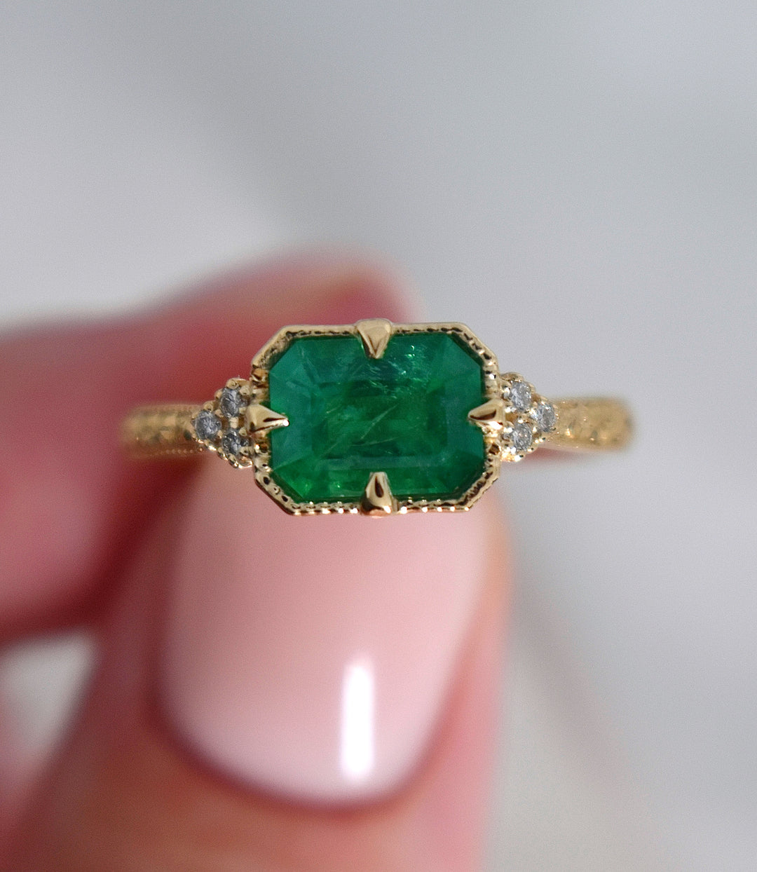 Emerald Engagement Ring with Diamonds 14K Gold