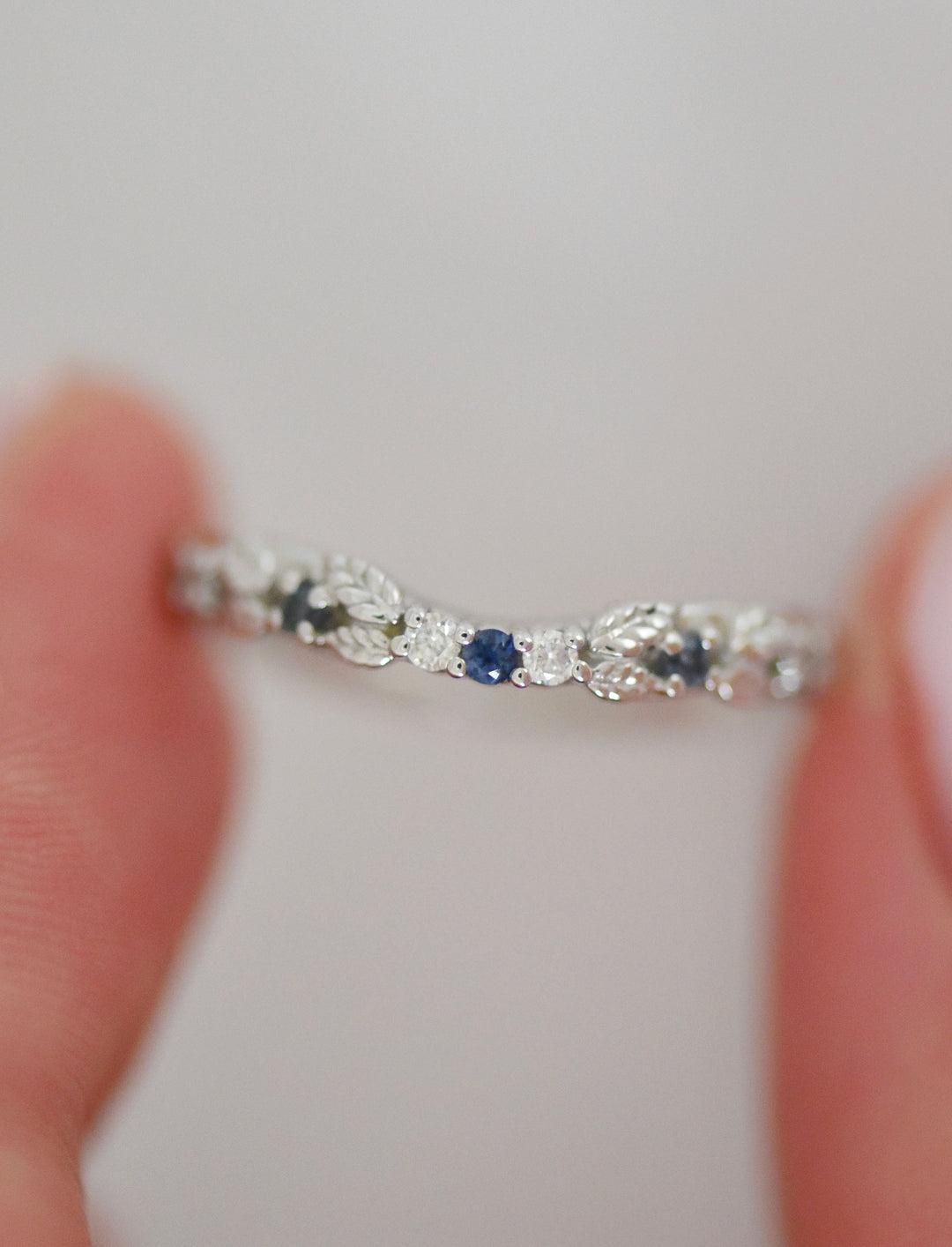 Nature Inspired Leaf Wedding Band w/ Diamonds and Montana Sapphires