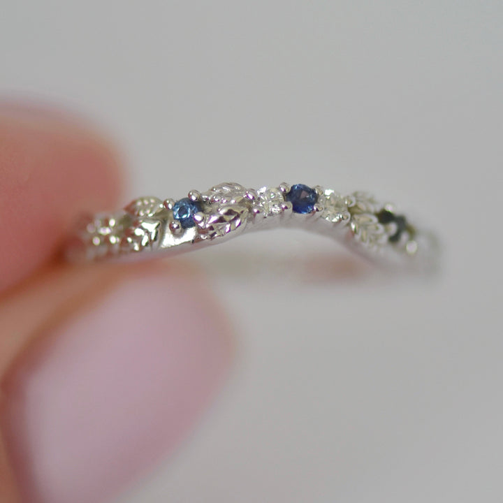 Nature Inspired Leaf Wedding Band w/ Diamonds and Montana Sapphires