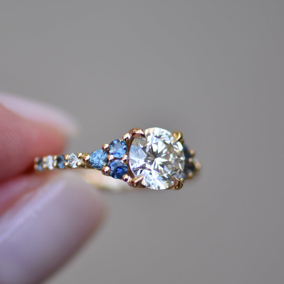 Nature Inspired Floral Diamond and Sapphire Engagement Ring 14K Gold