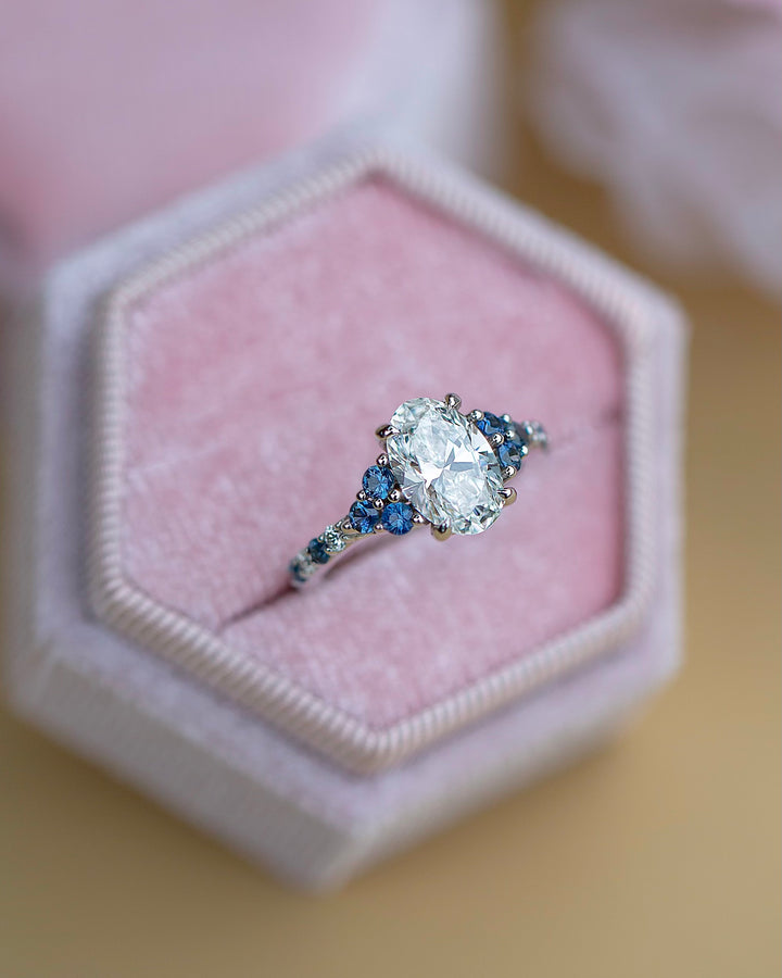 Nature Inspired Oval Diamond Engagement Ring with Teal Sapphires in 14K Gold ,Floral Diamond Ring