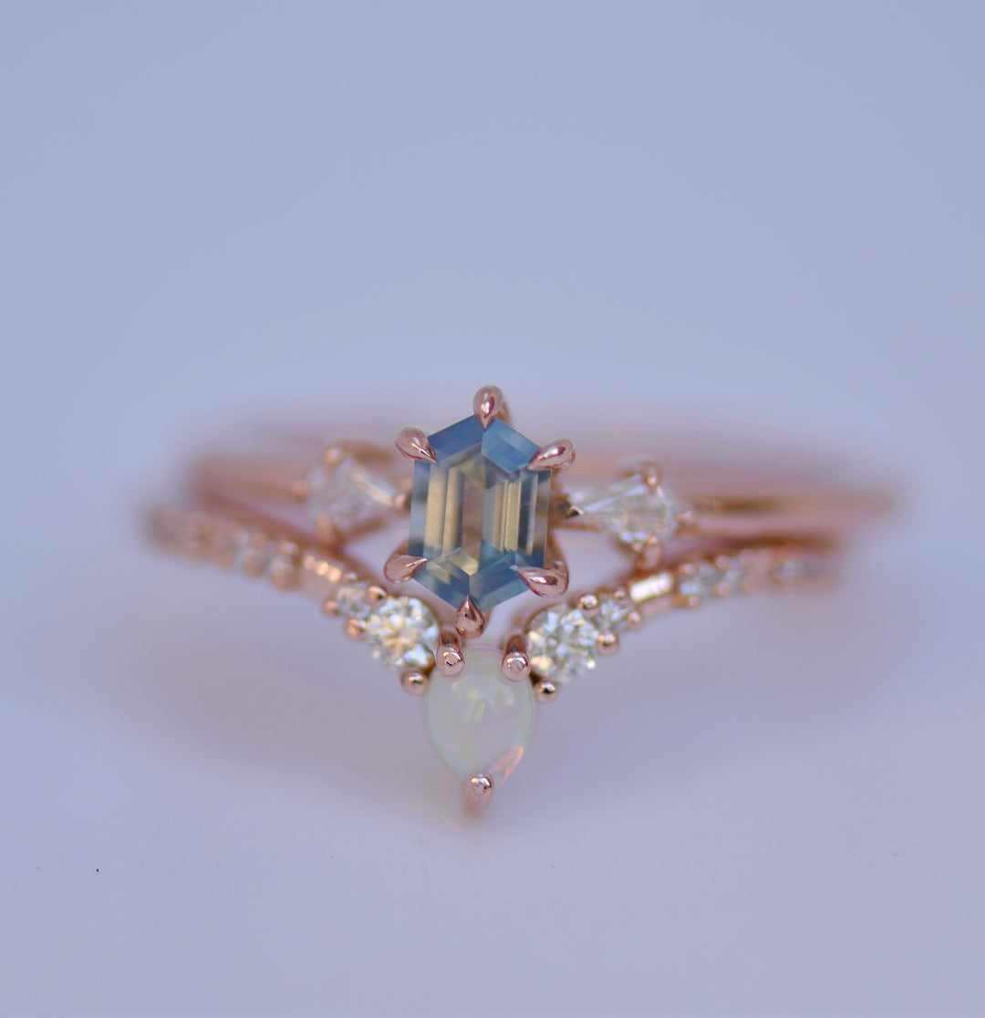 Cluster Hexagon Light Blue Sapphire Ring And Opal Diamond Band 14K Gold