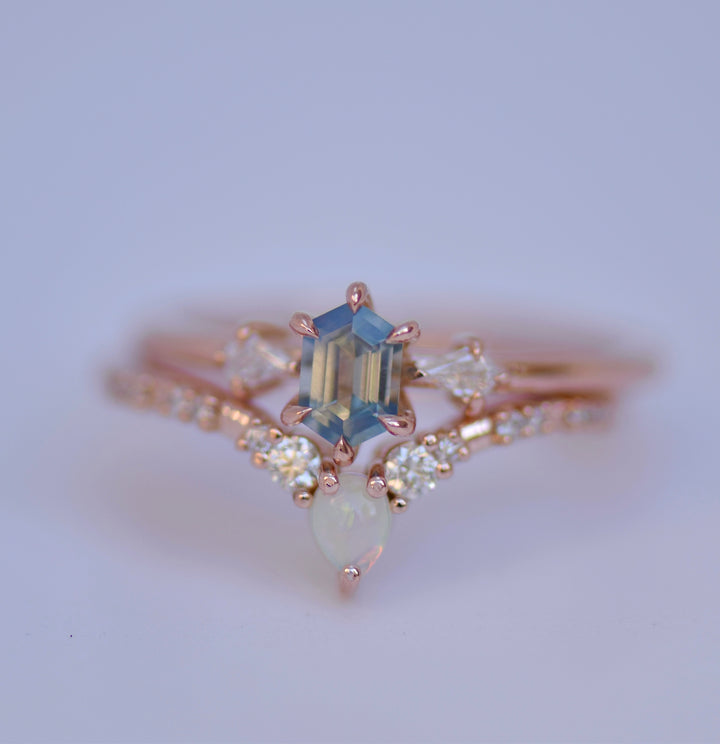 Cluster Hexagon Light Blue Sapphire Ring And Opal Diamond Band 14K Gold