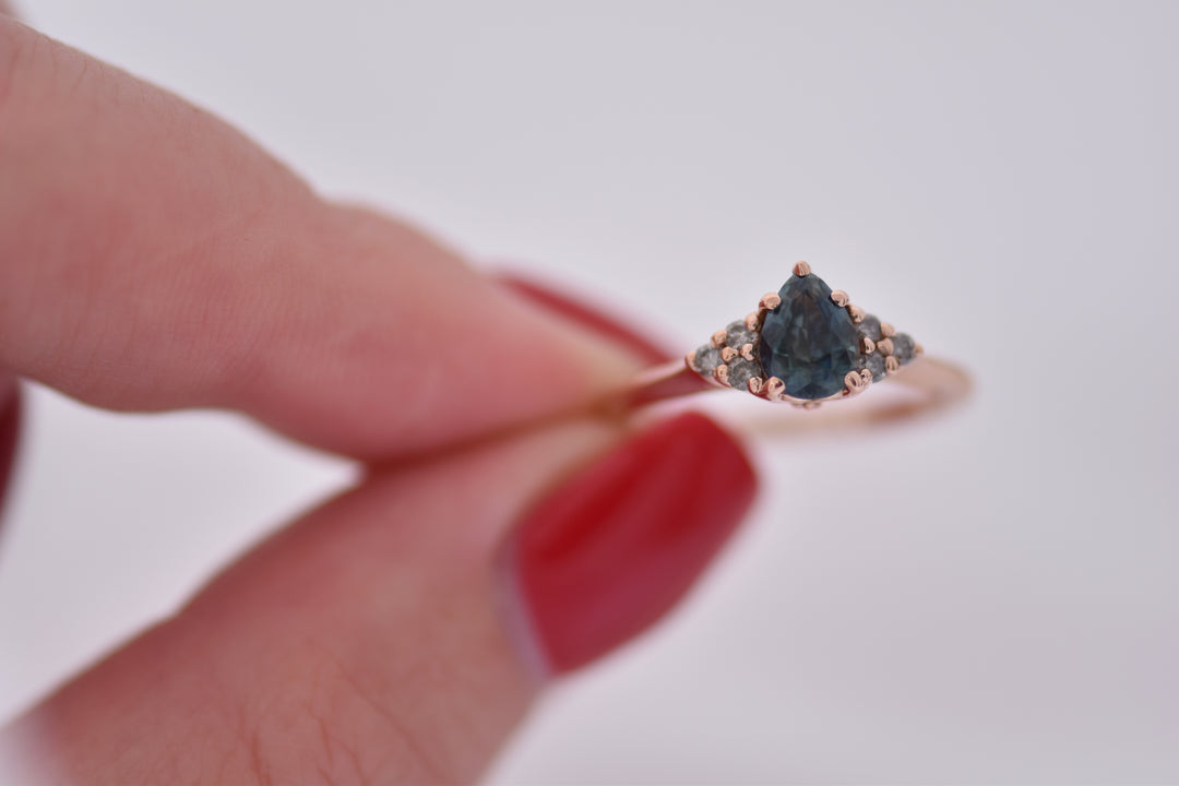 Teal Pear Sapphire Engagement Ring w/ Salt and Pepper Diamonds 14K Gold