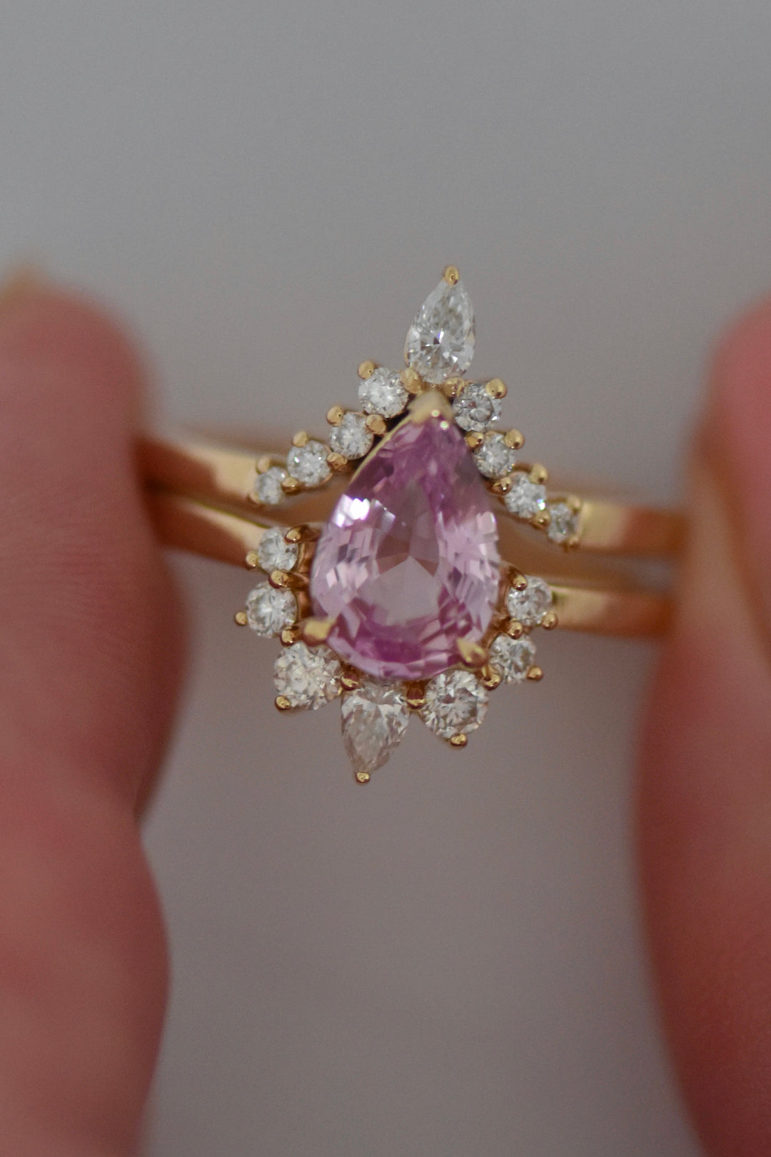 Pear Shape Pink Sapphire and Diamond Engagement Ring Set 14K Gold