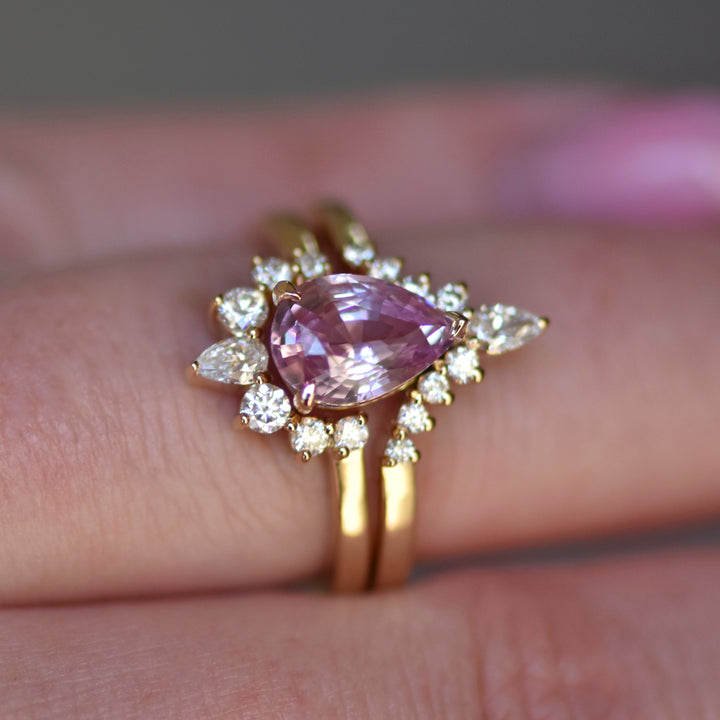 Pear Shape Pink Sapphire and Diamond Engagement Ring Set 14K Gold