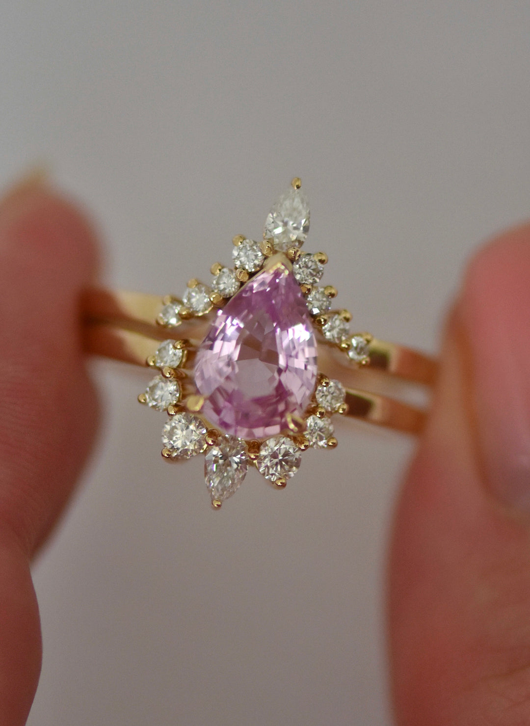 Pear Shape Pink Sapphire and Diamond Engagement Ring Set 14K Gold