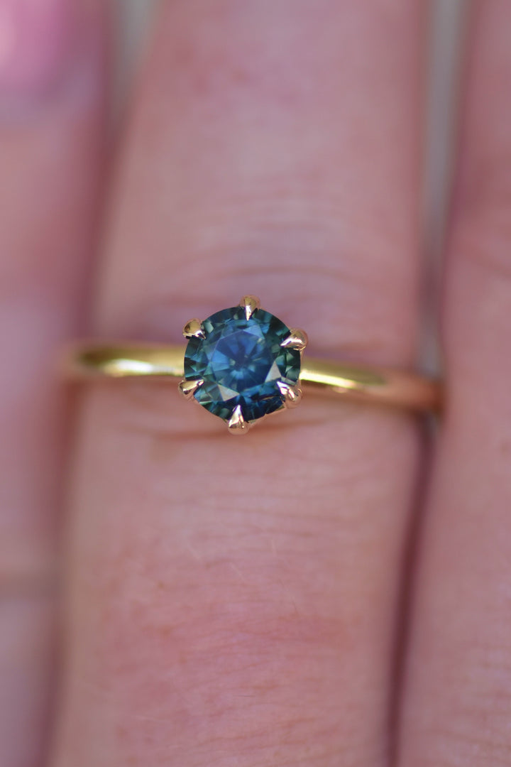 Six Prong Teal Sapphire 14K Gold Solitaire Engagement Ring