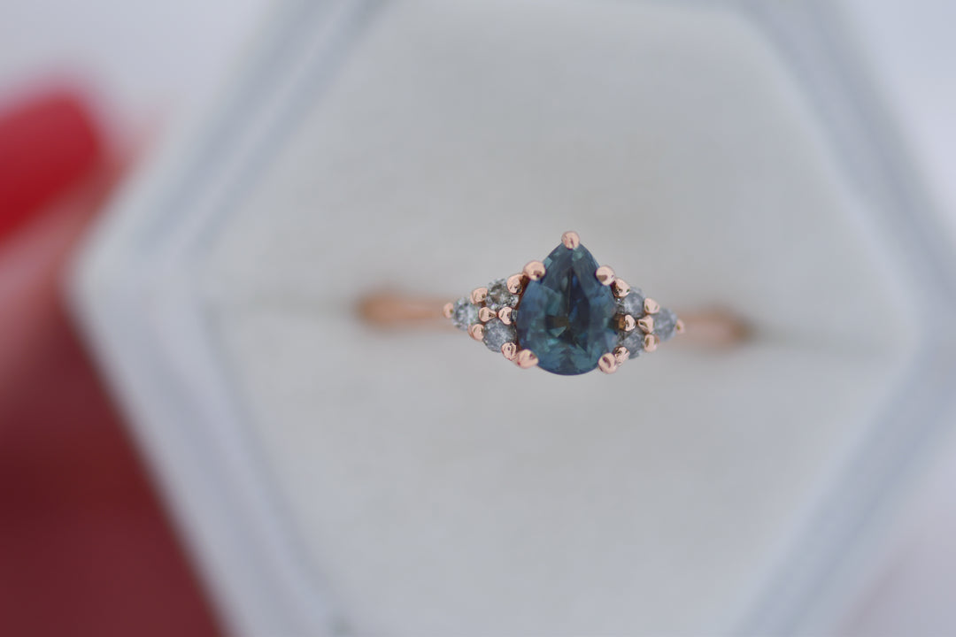 Teal Pear Sapphire Engagement Ring w/ Salt and Pepper Diamonds 14K Gold