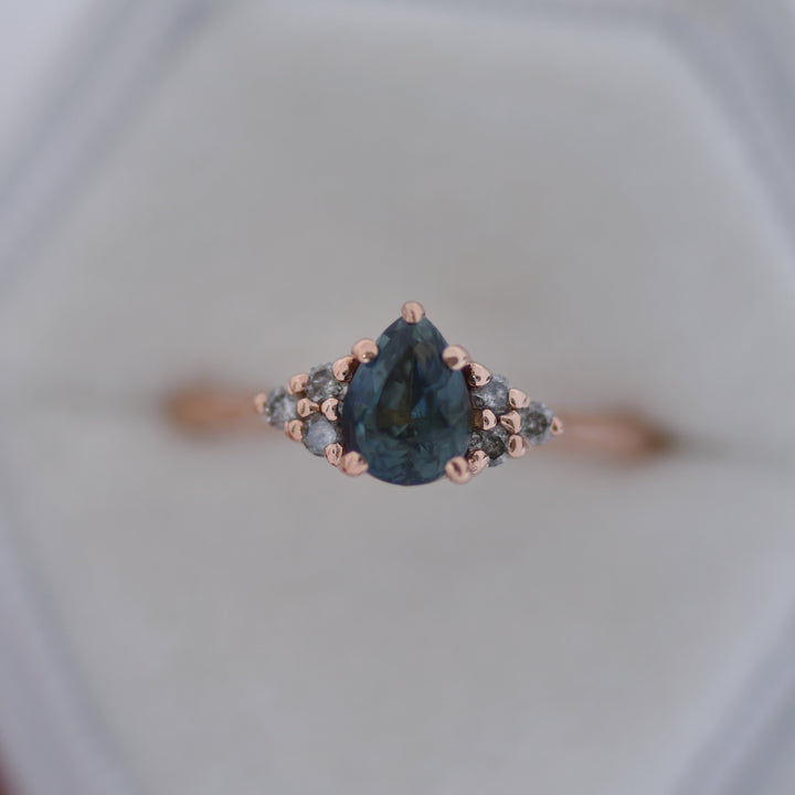 Teal Pear Sapphire Engagement Ring w/ Salt and Pepper Diamonds 14K Gold