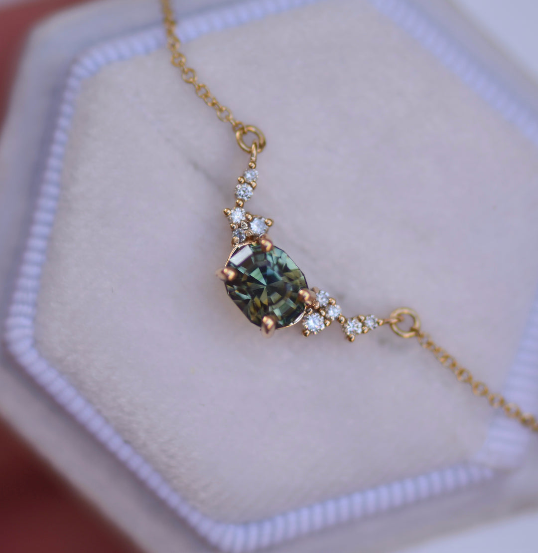 Green Montana Sapphire and Diamond Cluster Necklace 14K Gold