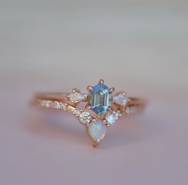 Cluster Hexagon Light Blue Sapphire Ring And Opal Diamond Band 14K Gold