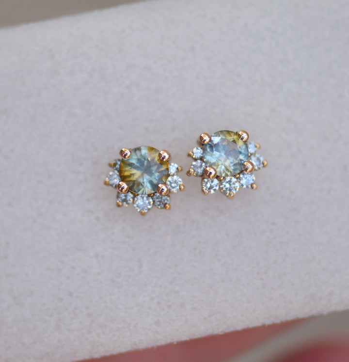 Montana Sapphire Flower Stud Earrings w/Diamonds 14K Gold
