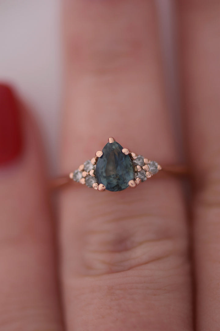 Teal Pear Sapphire Engagement Ring w/ Salt and Pepper Diamonds 14K Gold