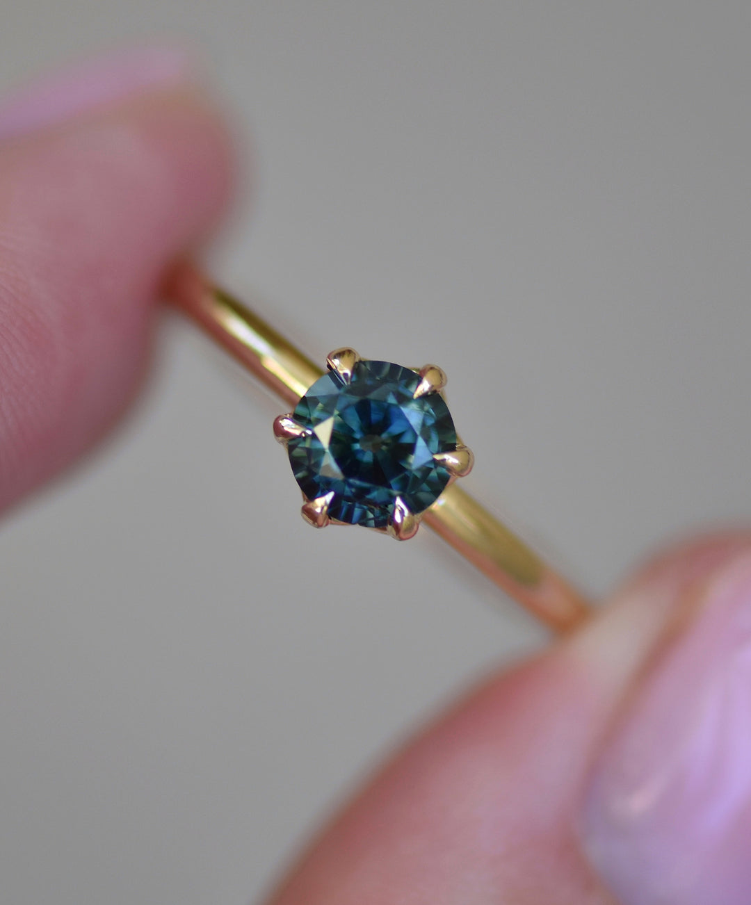 Six Prong Teal Sapphire 14K Gold Solitaire Engagement Ring