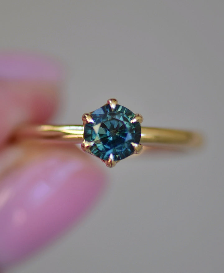 Six Prong Teal Sapphire 14K Gold Solitaire Engagement Ring