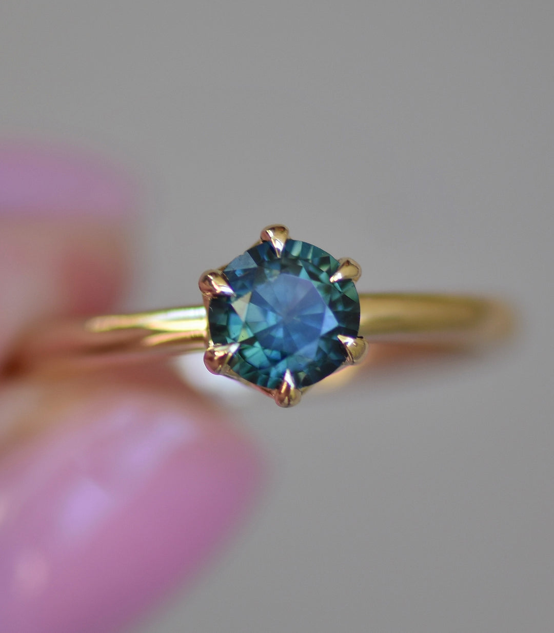 Six Prong Teal Sapphire 14K Gold Solitaire Engagement Ring