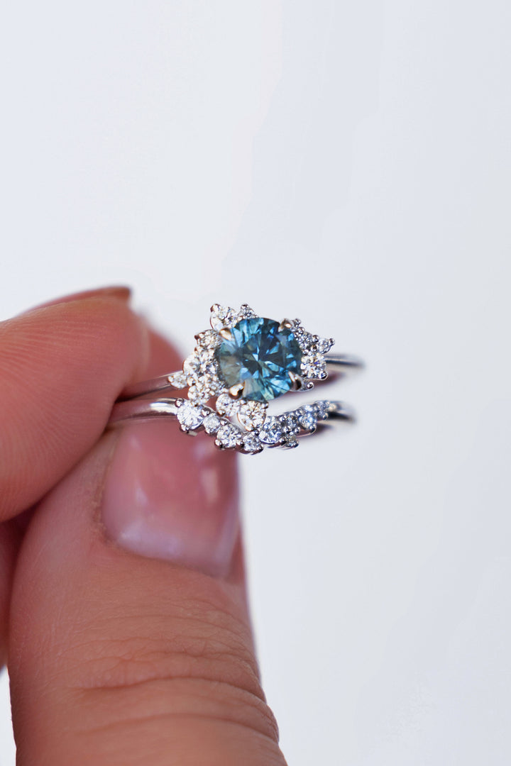 Teal Blue Sapphire and Diamond Cluster Engagement Ring Set 14K Gold