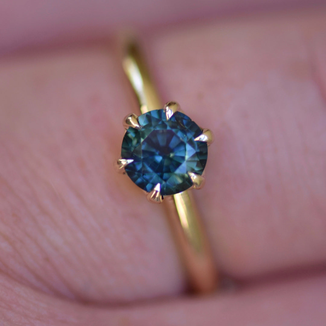 Six Prong Teal Sapphire 14K Gold Solitaire Engagement Ring