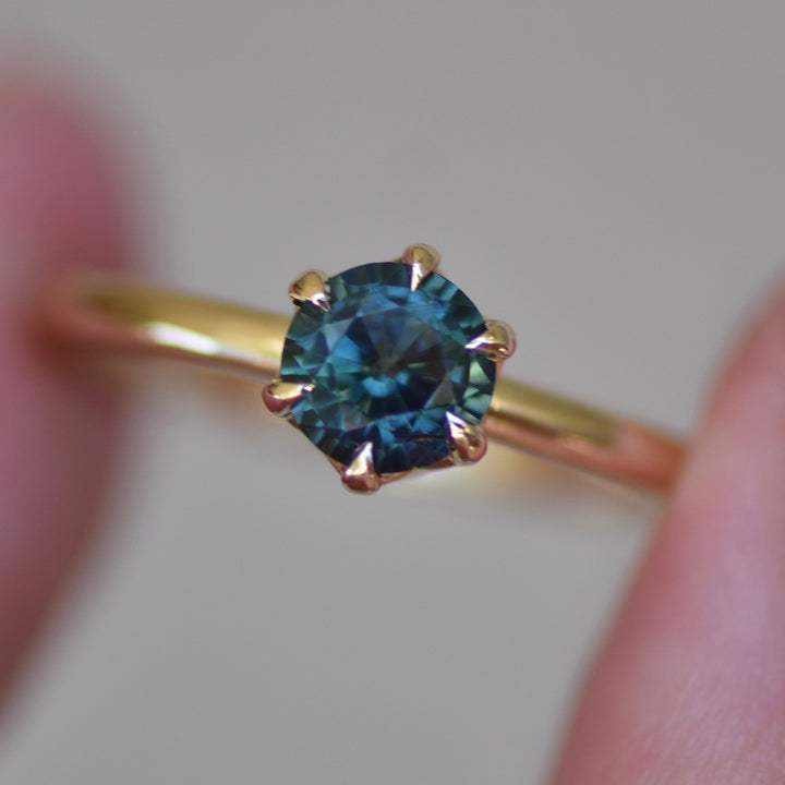 Six Prong Teal Sapphire 14K Gold Solitaire Engagement Ring