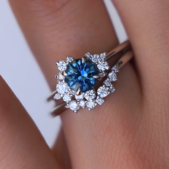 Teal Blue Sapphire and Diamond Cluster Engagement Ring Set 14K Gold