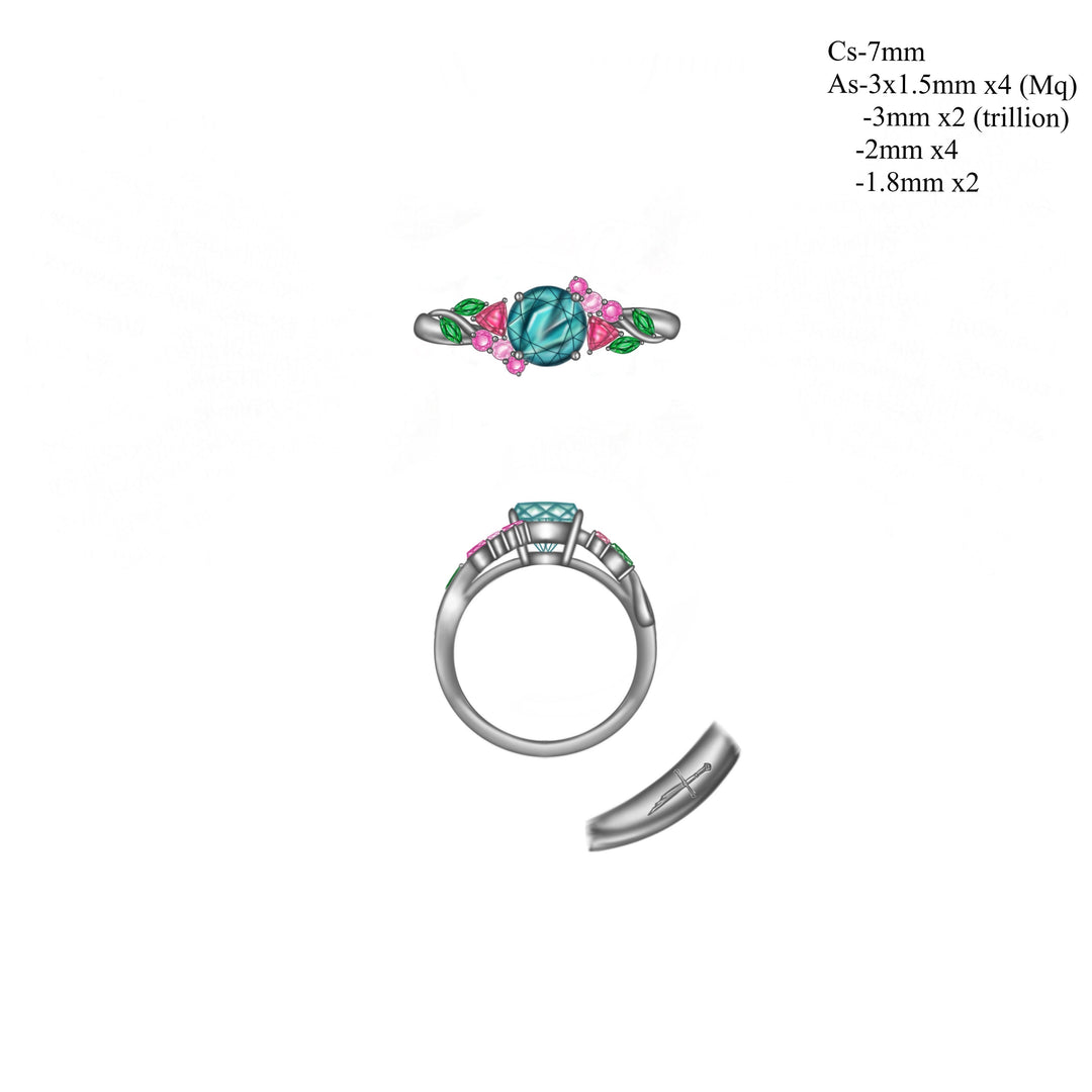 Teal Sapphire Cluster Ring Details 14K White Gold