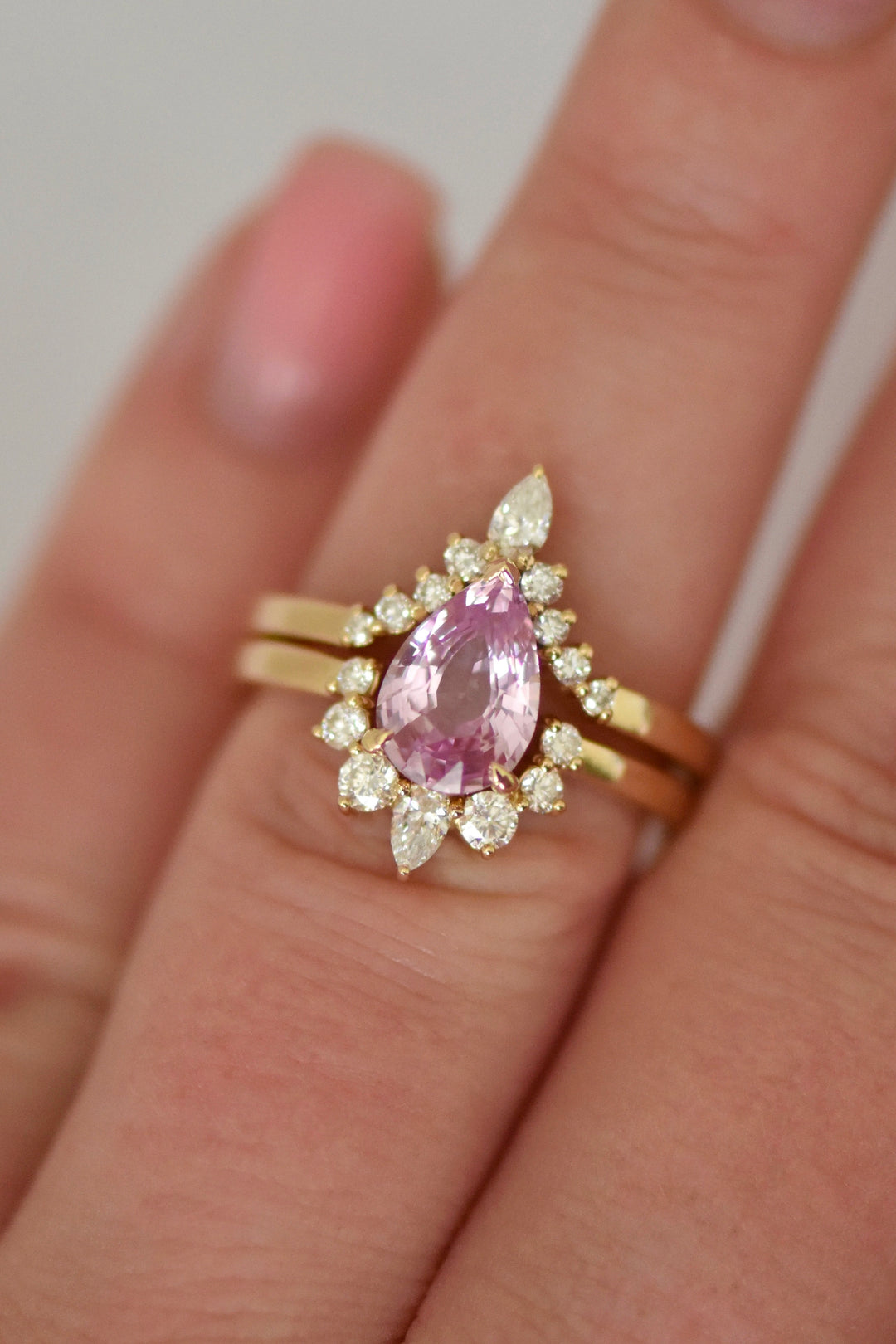 Pear Shape Pink Sapphire and Diamond Engagement Ring Set 14K Gold