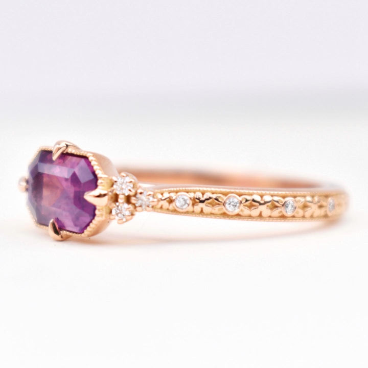 Pink Sapphire Ring with Diamonds 14K Rose Gold, Handcarved Floral Design