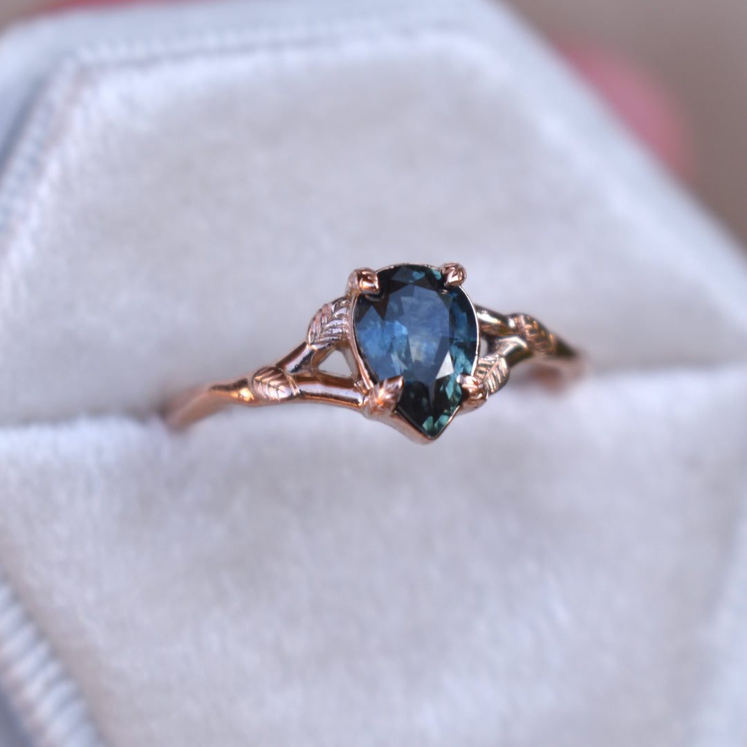 Leaf Engagement Ring with Montana Sapphire 14K Gold,Teal Montana Sapphire Engagement Ring,Solitaire Pear Ring,Rose Gold Pear Ring