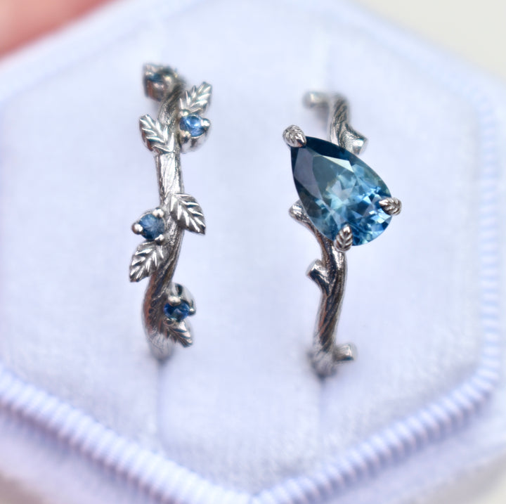 Twig Leaf Engagement Ring Set With Teal Blue Montana Sapphire 14K White Gold