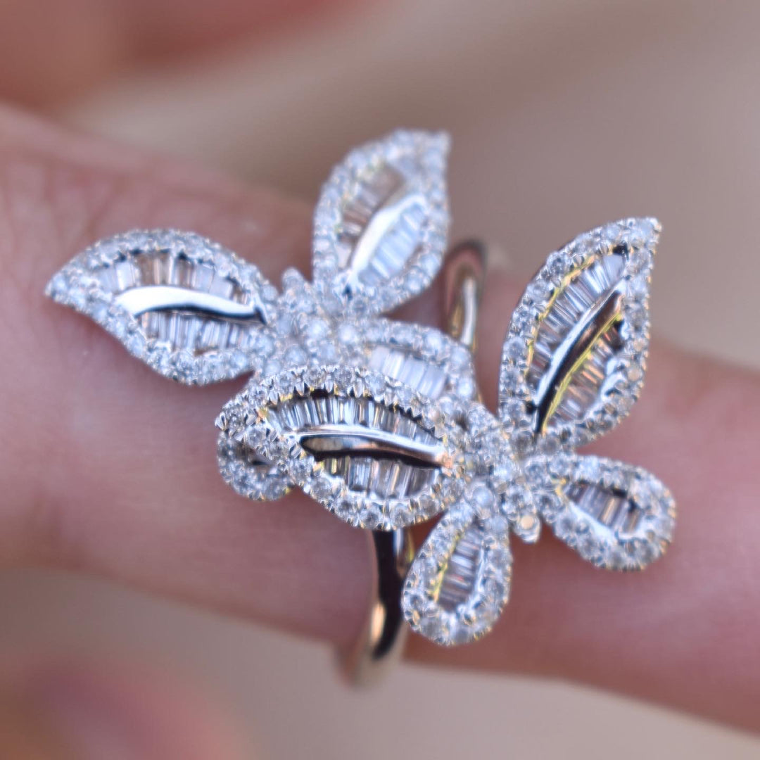 Double Butterfly Diamond Ring 18K White Gold, Butterfly Ring with Diamonds
