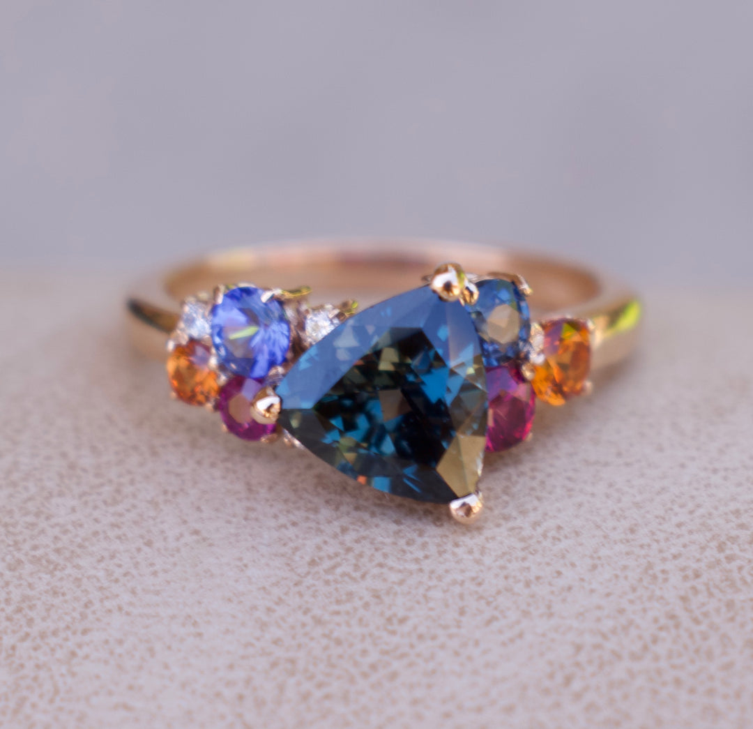 Teal Sapphire Cluster Engagement Ring, Multi Stone Ring 14K Gold, Trillion Sapphire Engagement Ring