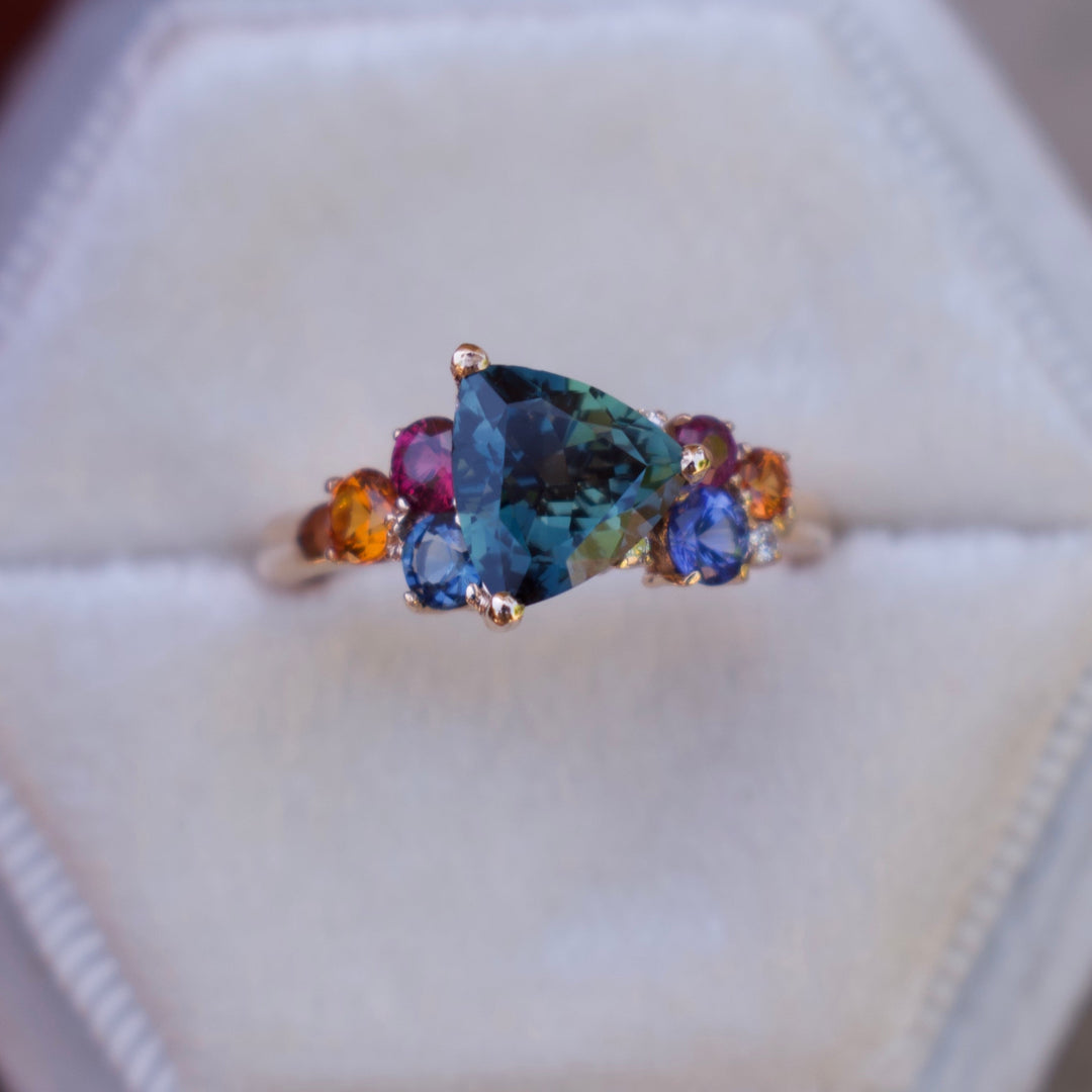 Teal Sapphire Cluster Engagement Ring, Multi Stone Ring 14K Gold, Trillion Sapphire Engagement Ring