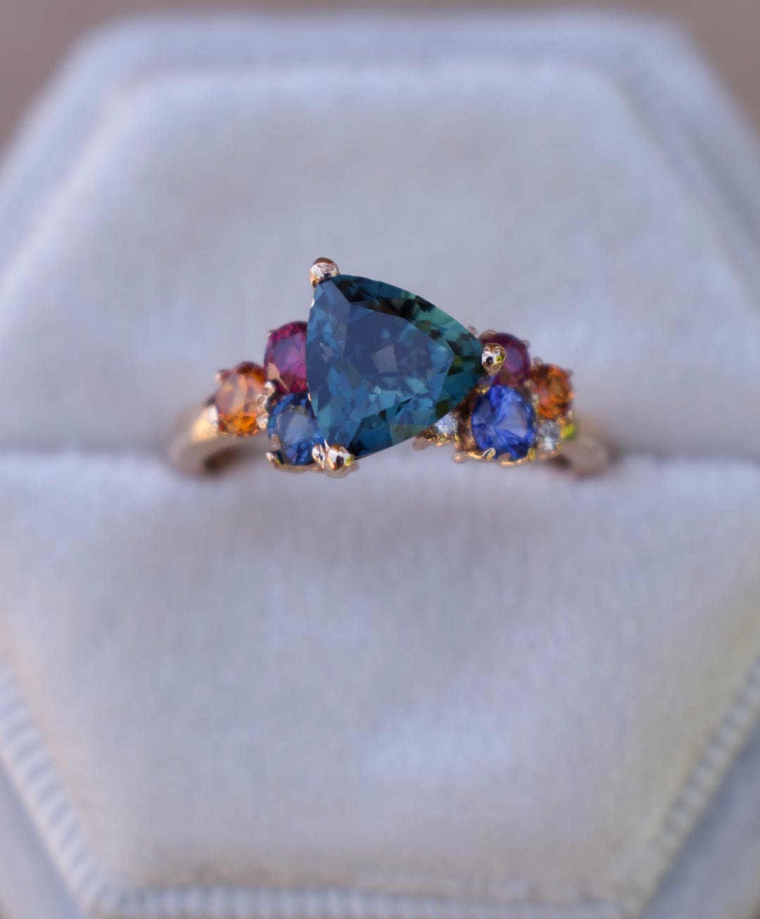 Teal Sapphire Cluster Engagement Ring, Multi Stone Ring 14K Gold, Trillion Sapphire Engagement Ring