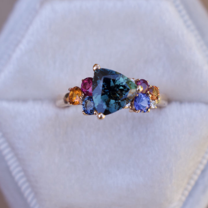 Teal Sapphire Cluster Engagement Ring, Multi Stone Ring 14K Gold, Trillion Sapphire Engagement Ring