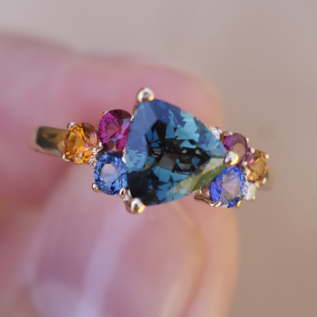 Teal Sapphire Cluster Engagement Ring, Multi Stone Ring 14K Gold, Trillion Sapphire Engagement Ring