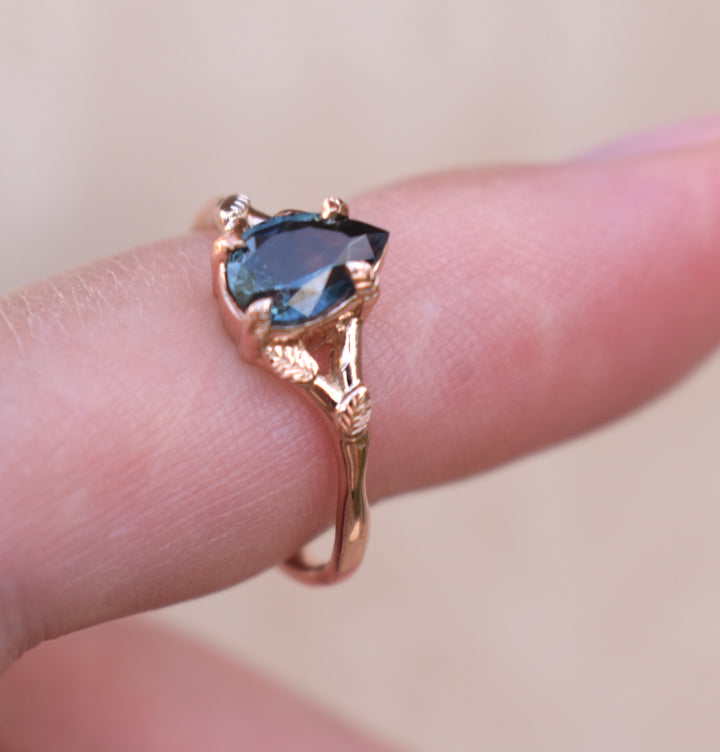 Leaf Engagement Ring with Montana Sapphire 14K Gold,Teal Montana Sapphire Engagement Ring,Solitaire Pear Ring,Rose Gold Pear Ring