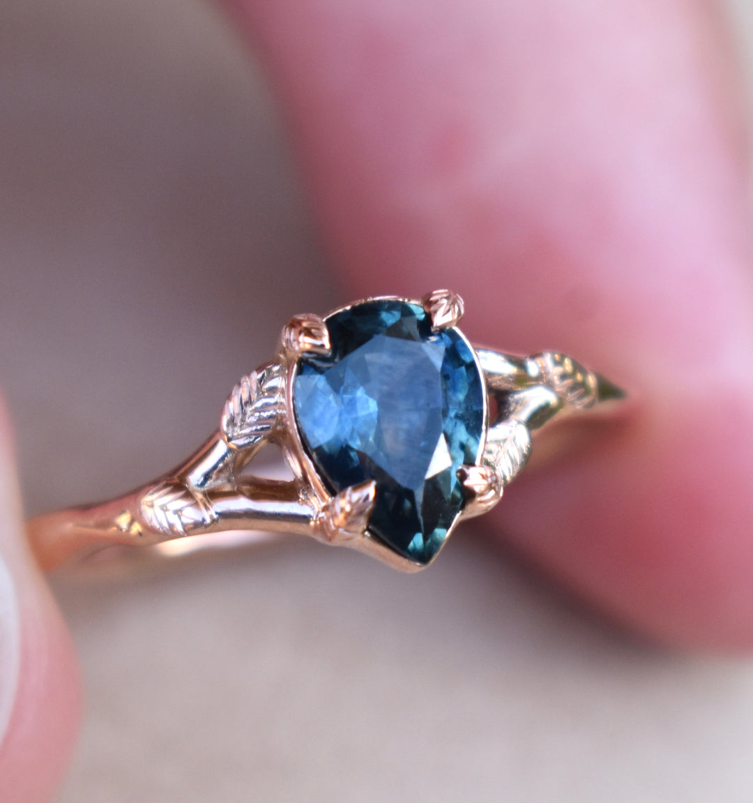 Leaf Engagement Ring with Montana Sapphire 14K Gold,Teal Montana Sapphire Engagement Ring,Solitaire Pear Ring,Rose Gold Pear Ring