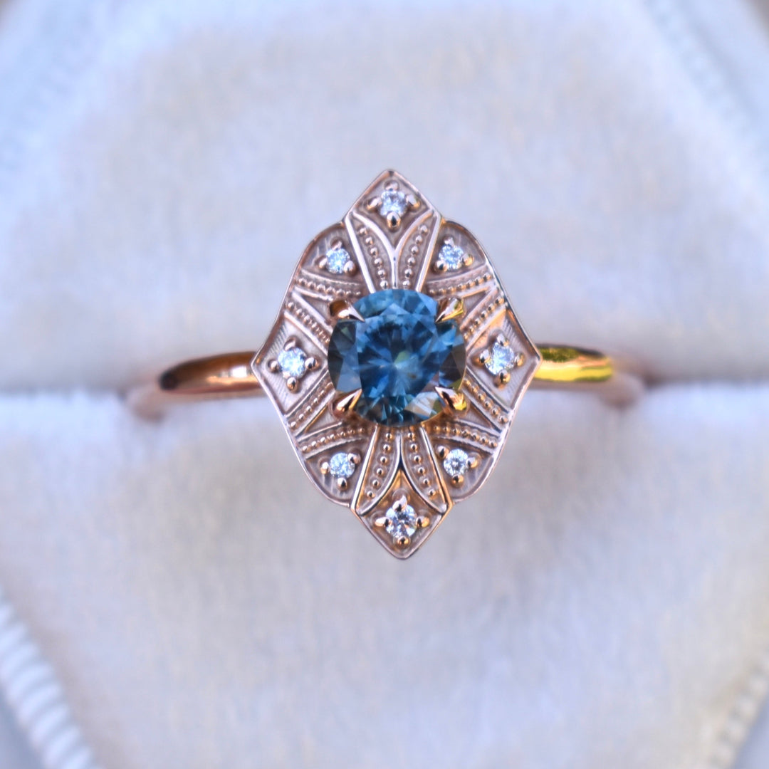 Art Deco Montana Sapphire Ring 14K Gold,Art Deco Engagement Ring Vintage,Teal Sapphire Engagement Ring