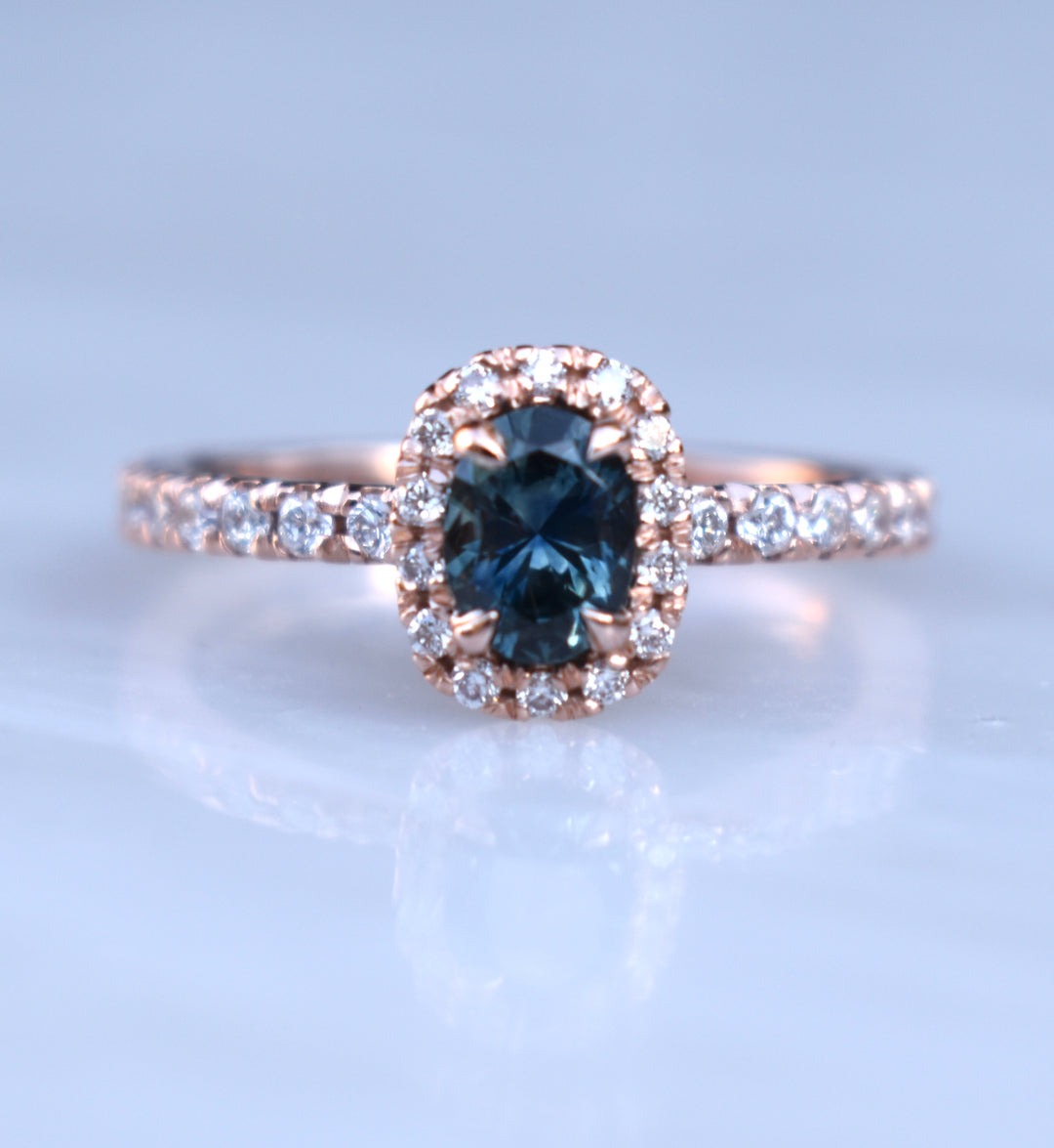 14K Rose Gold Montana Sapphire Ring with Diamonds,Oval Teal Sapphire Engagement Ring