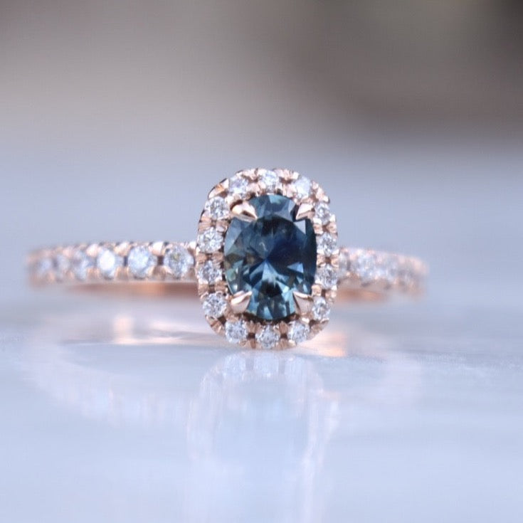 14K Rose Gold Montana Sapphire Ring with Diamonds,Oval Teal Sapphire Engagement Ring