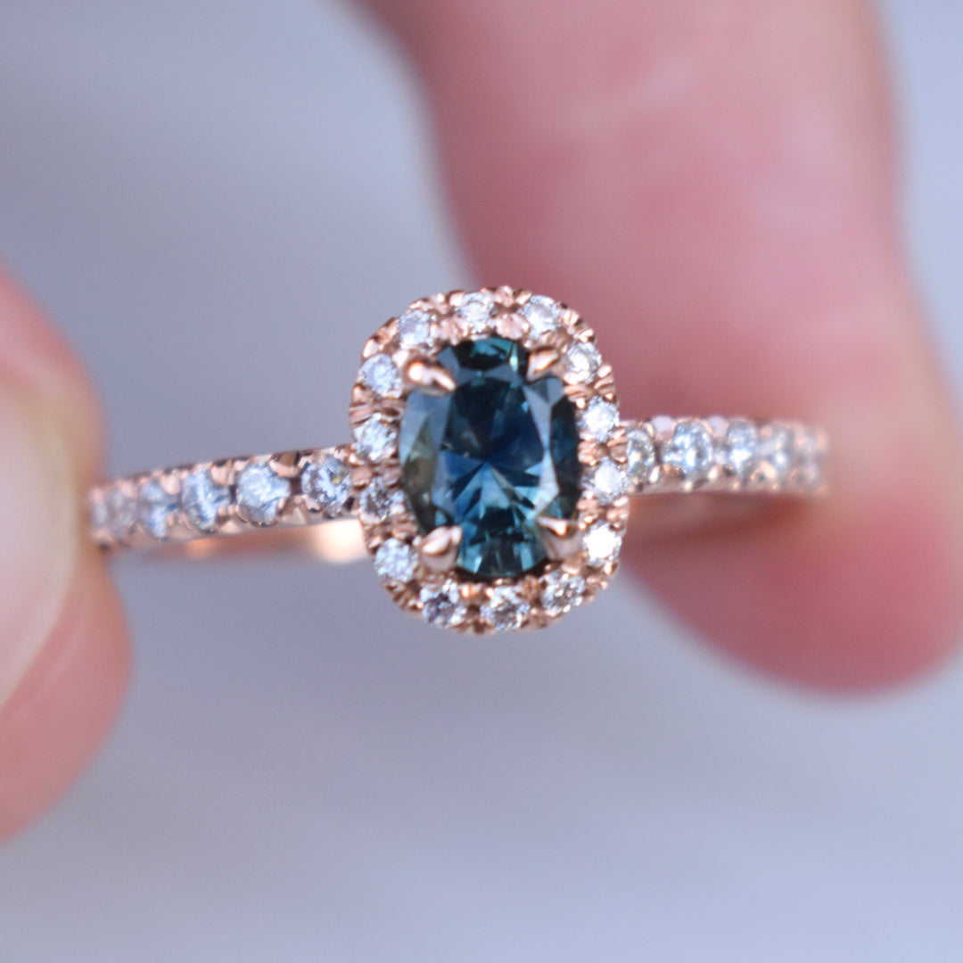 14K Rose Gold Montana Sapphire Ring with Diamonds,Oval Teal Sapphire Engagement Ring